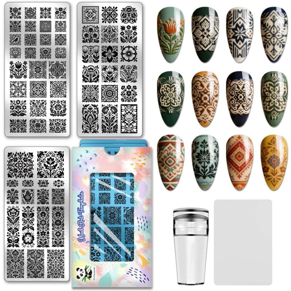Nail Art Stamping Kit - 3枚組 花柄ネイルスタンピングプレート ヴィンテージフローラルネイルアートテンプレート 植物柄ネイルプリントステンシル