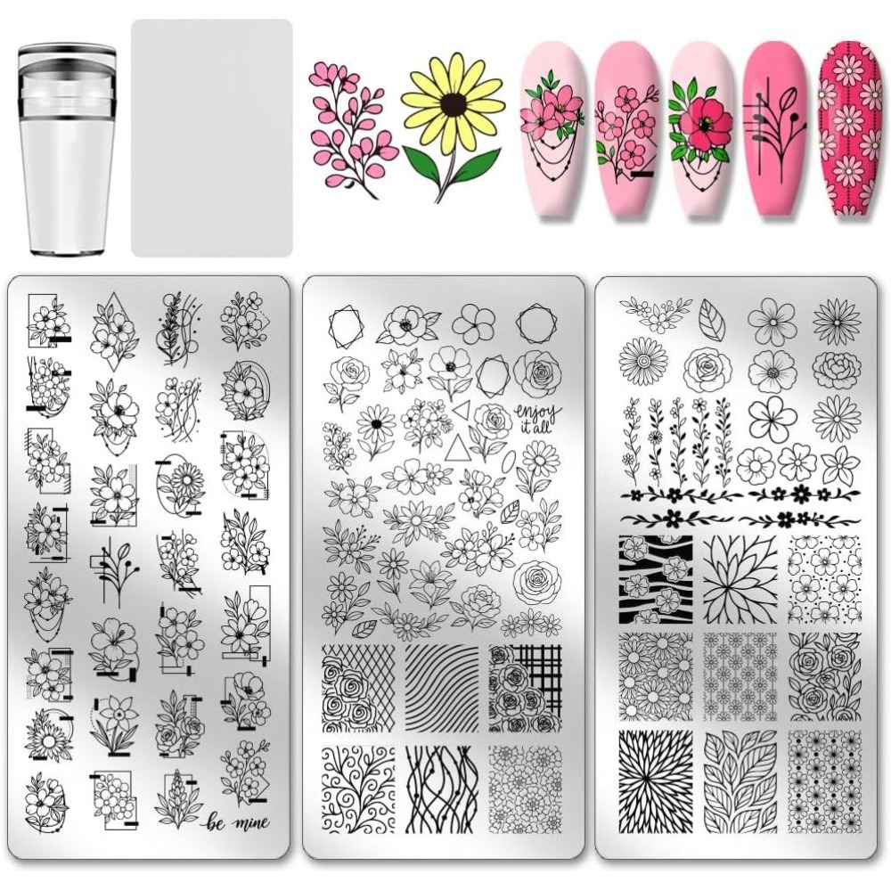 Nail Art Stamping Kit - 3枚入りフラワーネイルスタンピングプレート、葉っぱネイルアートプレート、植物テーマネイルデザインステンシル、デイジーローズマニキュアアートテンプレート