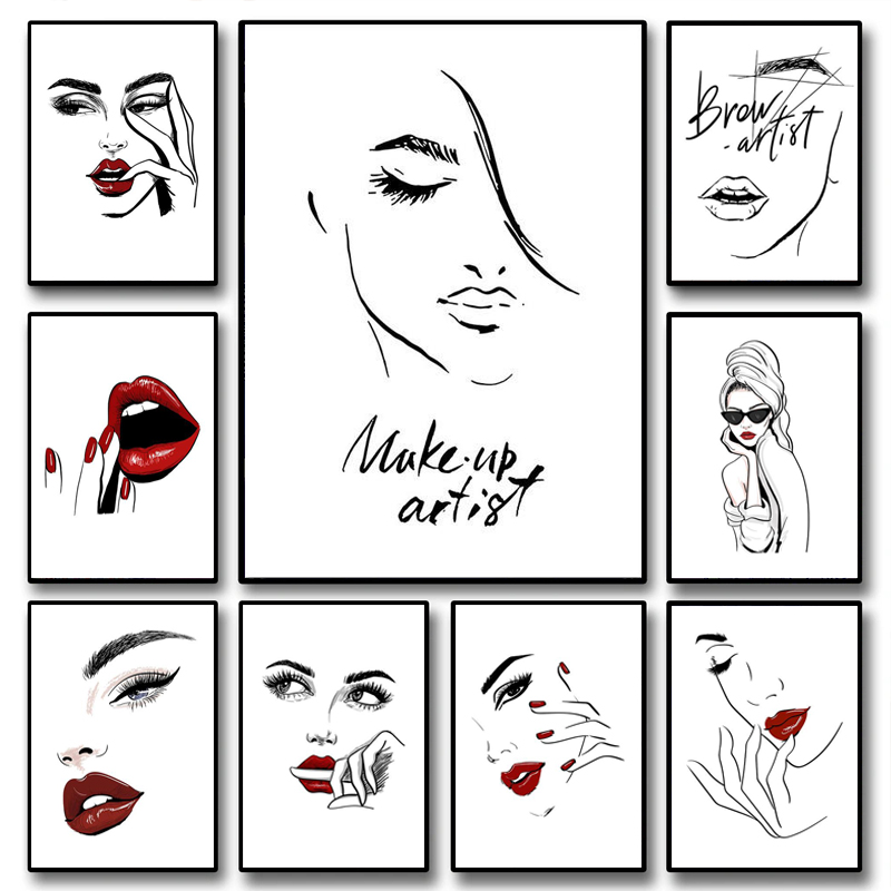 Beauty Makeup Pic - 1枚（額縁なし）ファッションメイクアップポスター セクシーな美女の名言 ウォールアート 北欧風まつげ赤い唇 キャンバス絵画 HDプリント