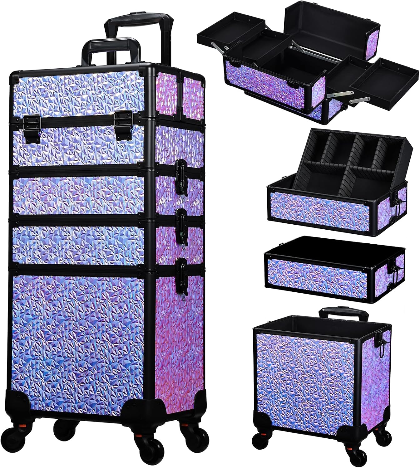 Beauty Of Makeup - ローリングメイクアップトレインケース、引き出し付き大型コスメティック収納カート、旅行用ネイルサロンビューティーオーガナイザートロリー（車輪付き）、モバイルヘアスタイリスト用バニティボックス、光沢のあるパープル、1個セット