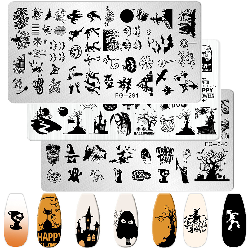Nail Art Stamping Kit - 漫画のハロウィーンのネイルアートスタンピングプレート、アニメの頭蓋骨、幽霊、カボチャ、お祭りのデザイン、DIYポリッシュテンプレート、ステンシル用品