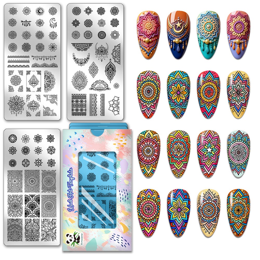 Nail Art Stamping Kit - 3枚セット ボヘミアンフラワーネイルスタンピングプレート エスニックスタイルネイルイメージプレート 幾何学模様マニキュアデザインステンシル 花柄ネイルテンプレート