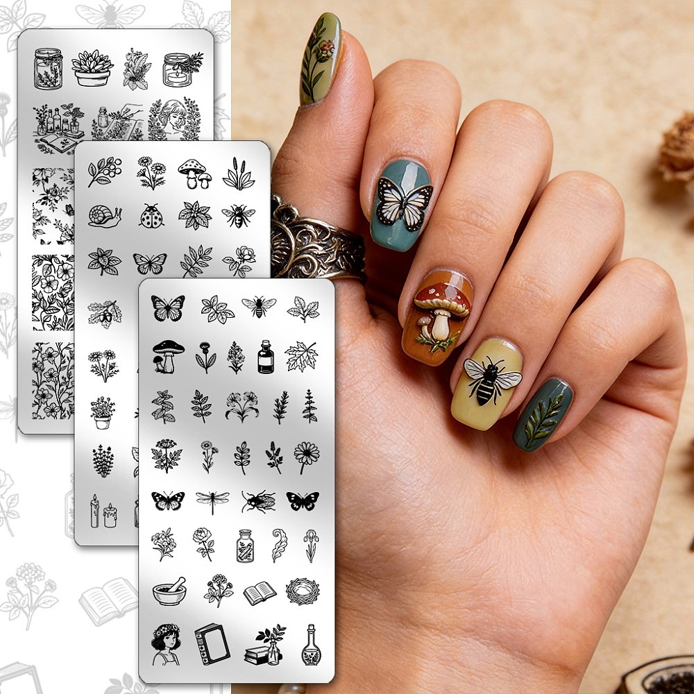 3枚セット：昆虫、植物、蜂、蝶、花、葉、きのこ柄のネイルスタ - Nail Art Stamping Kit のレビューと価格